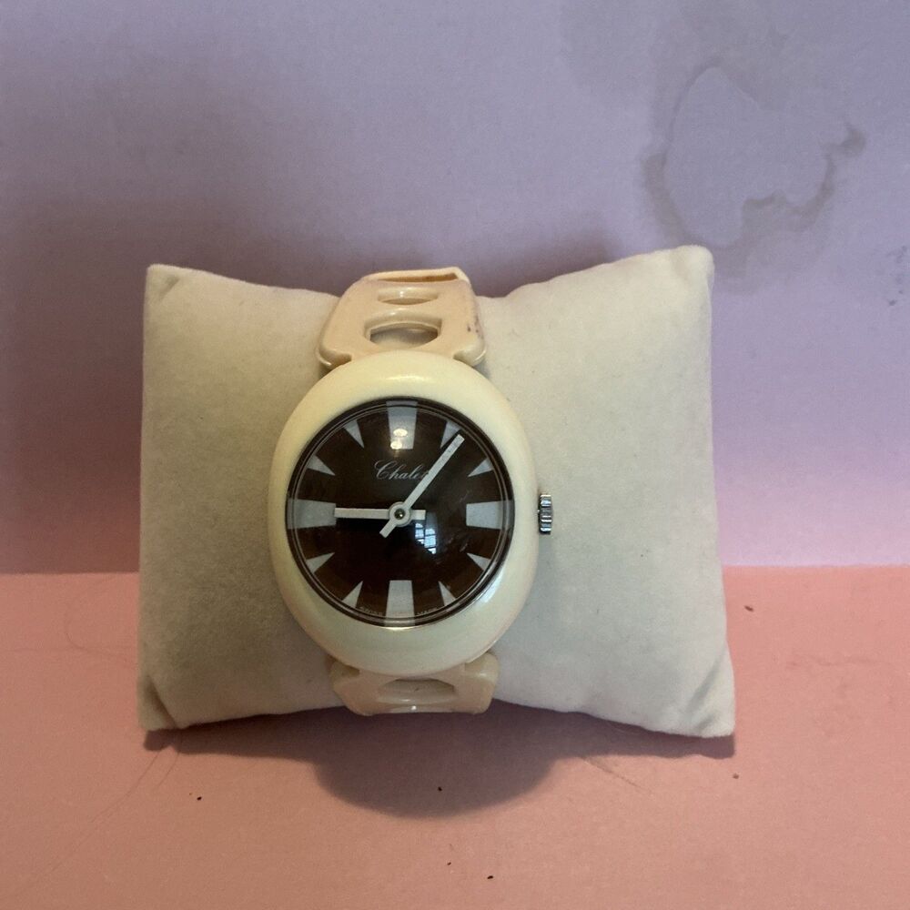Vintage Chalet Swiss Mechanical Watch Runs Great Beige W Light Brown Tones 7.5"